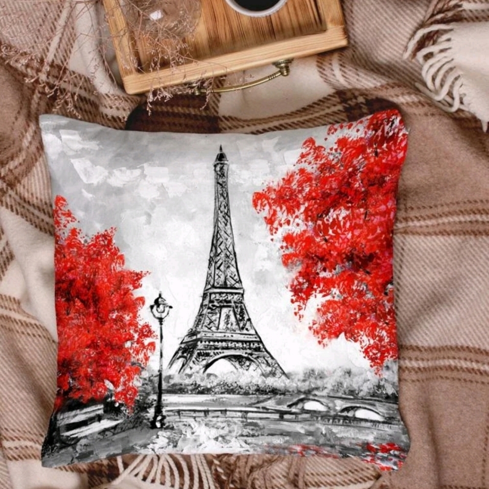French vintage Eiffel tower Paris home decor accent 2 throw art pillow cover set - Picture 6 of 9